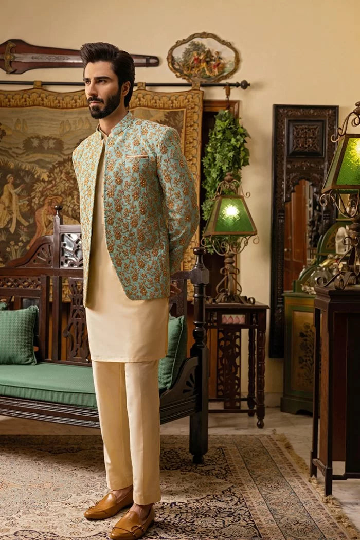 Turquoise Self-Embossed Prince Coat with Cream Kurta Pajama (3-Piece) - Image 3