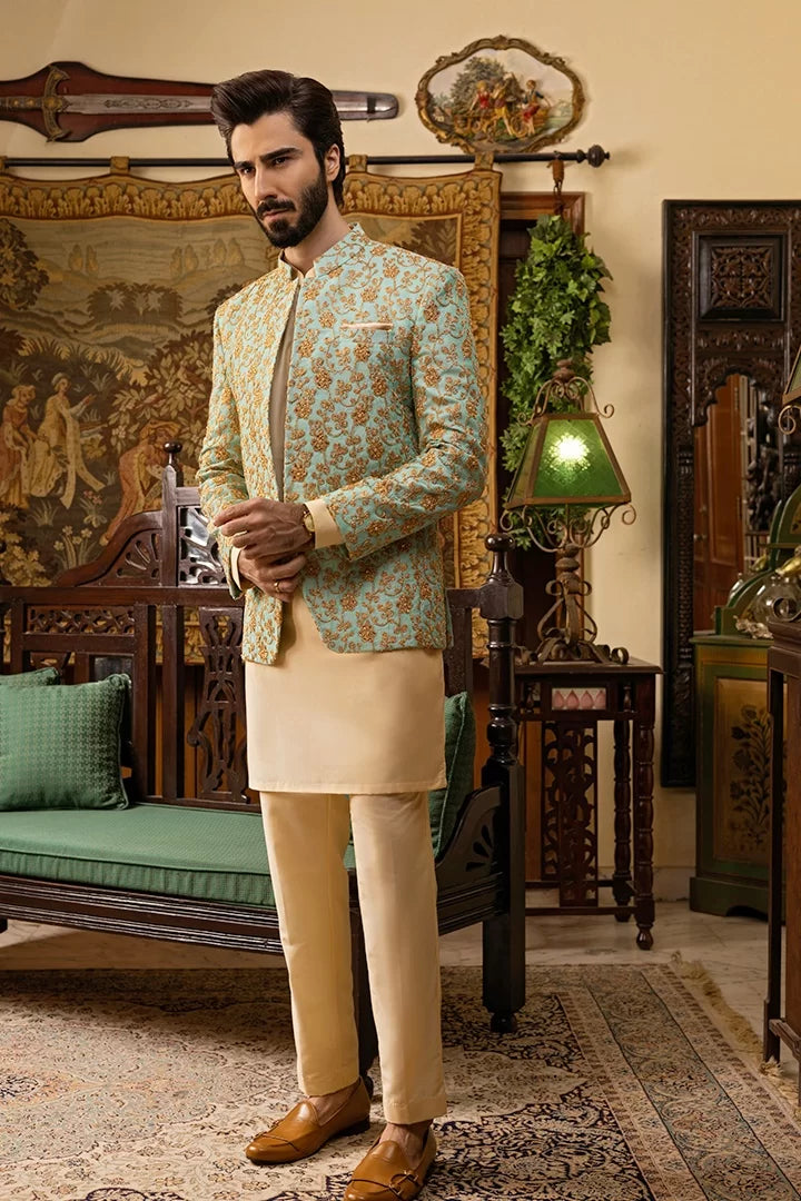Turquoise Self-Embossed Prince Coat with Cream Kurta Pajama (3-Piece) - Image 4