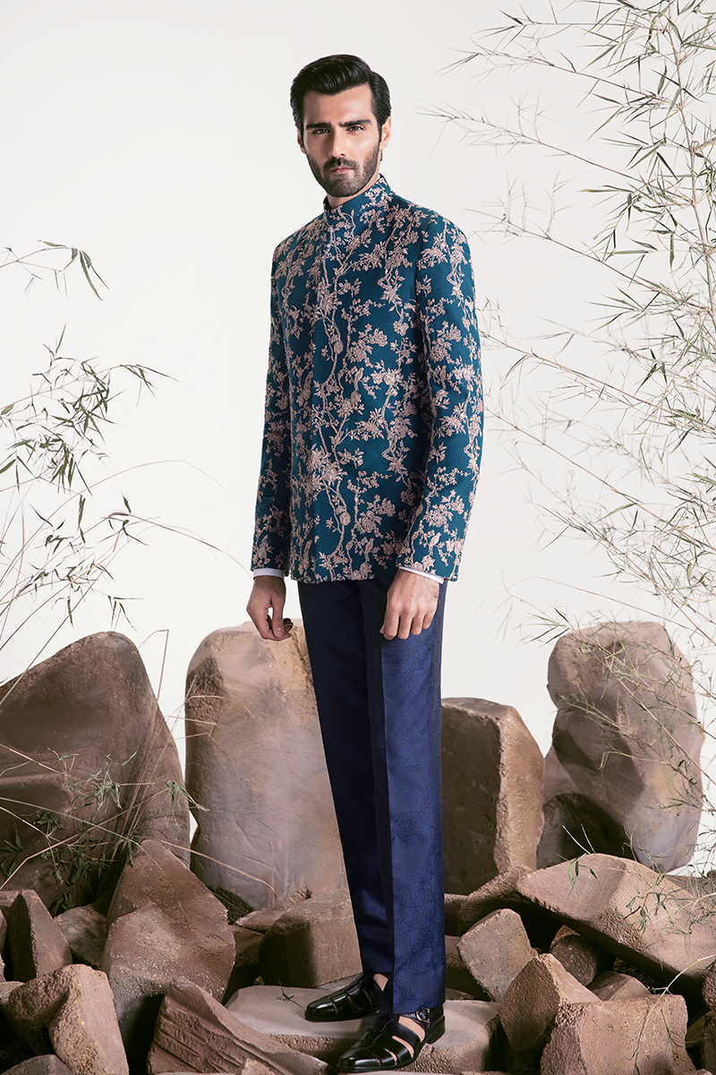 Teal Embroidered Karandi Prince Coat (2-Piece) - Image 1