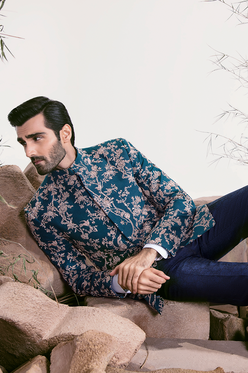 Teal Embroidered Karandi Prince Coat (2-Piece) - Image 5