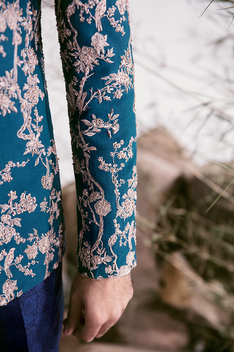 Teal Embroidered Karandi Prince Coat (2-Piece) - Image 7