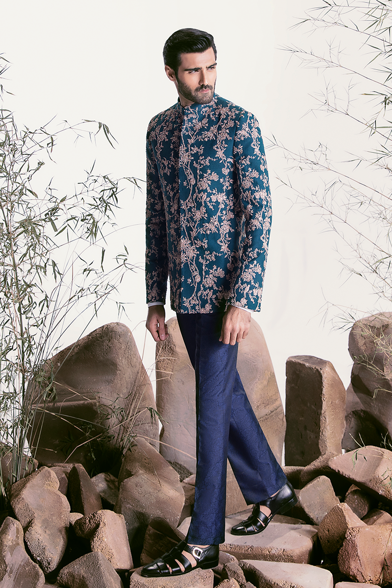 Teal Embroidered Karandi Prince Coat (2-Piece) - Image 1