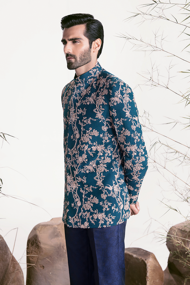 Teal Embroidered Karandi Prince Coat (2-Piece) - Image 3
