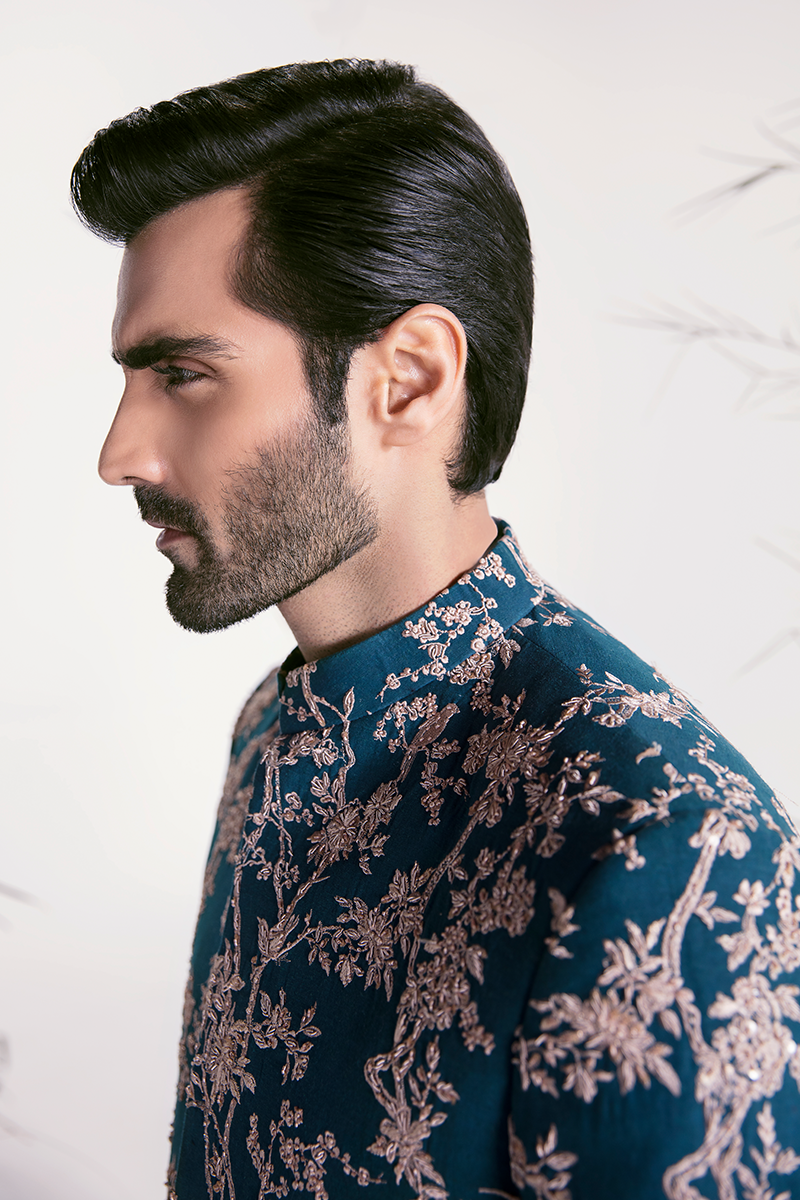 Teal Embroidered Karandi Prince Coat (2-Piece) - Image 4