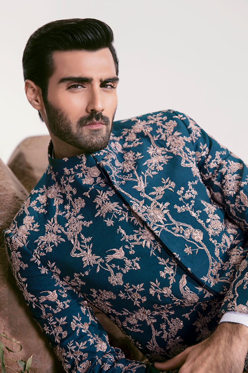 Teal Embroidered Karandi Prince Coat (2-Piece) - Image 6