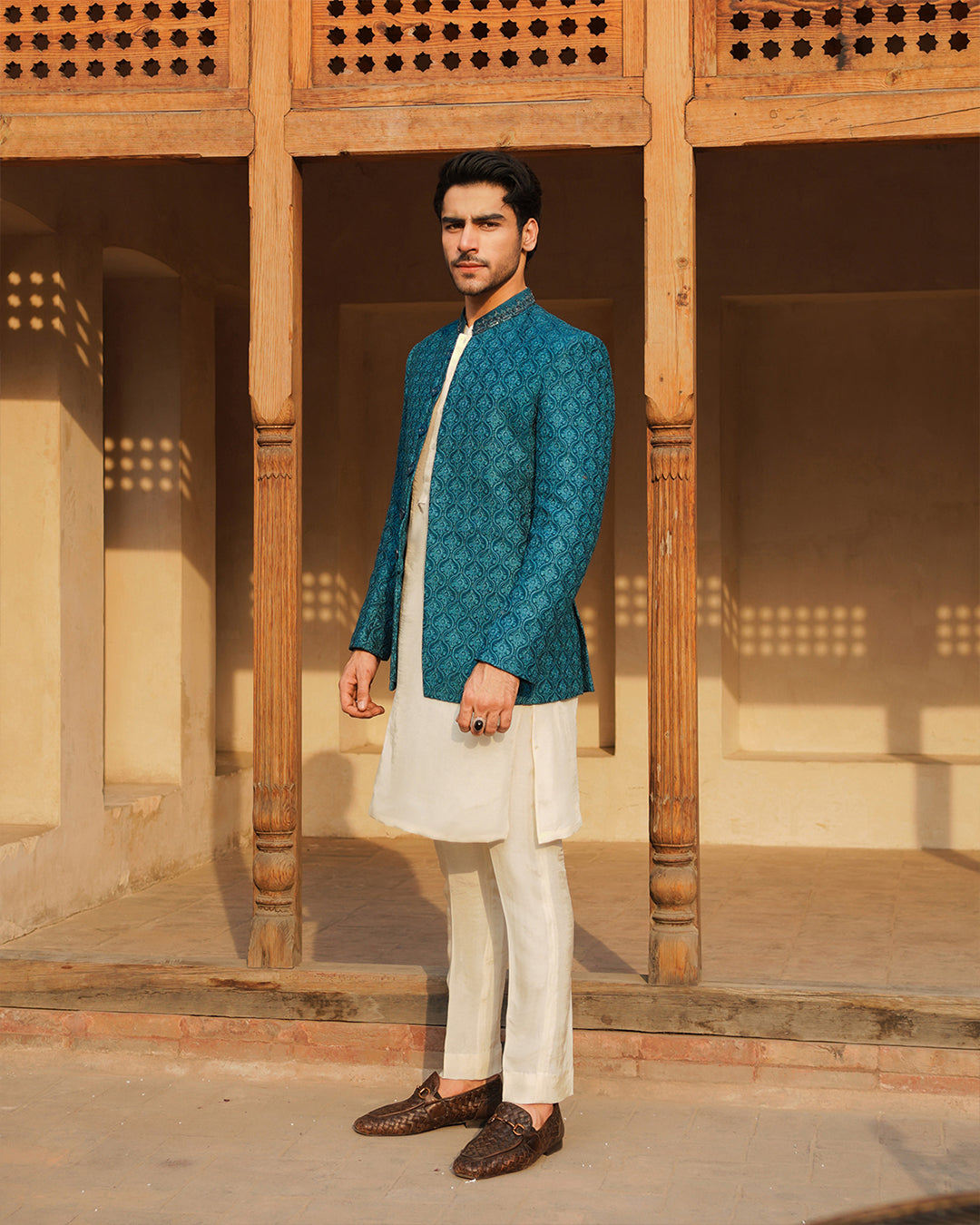Teal Embroidered Korean Raw Silk Prince Coat (3-Piece) - Image 1