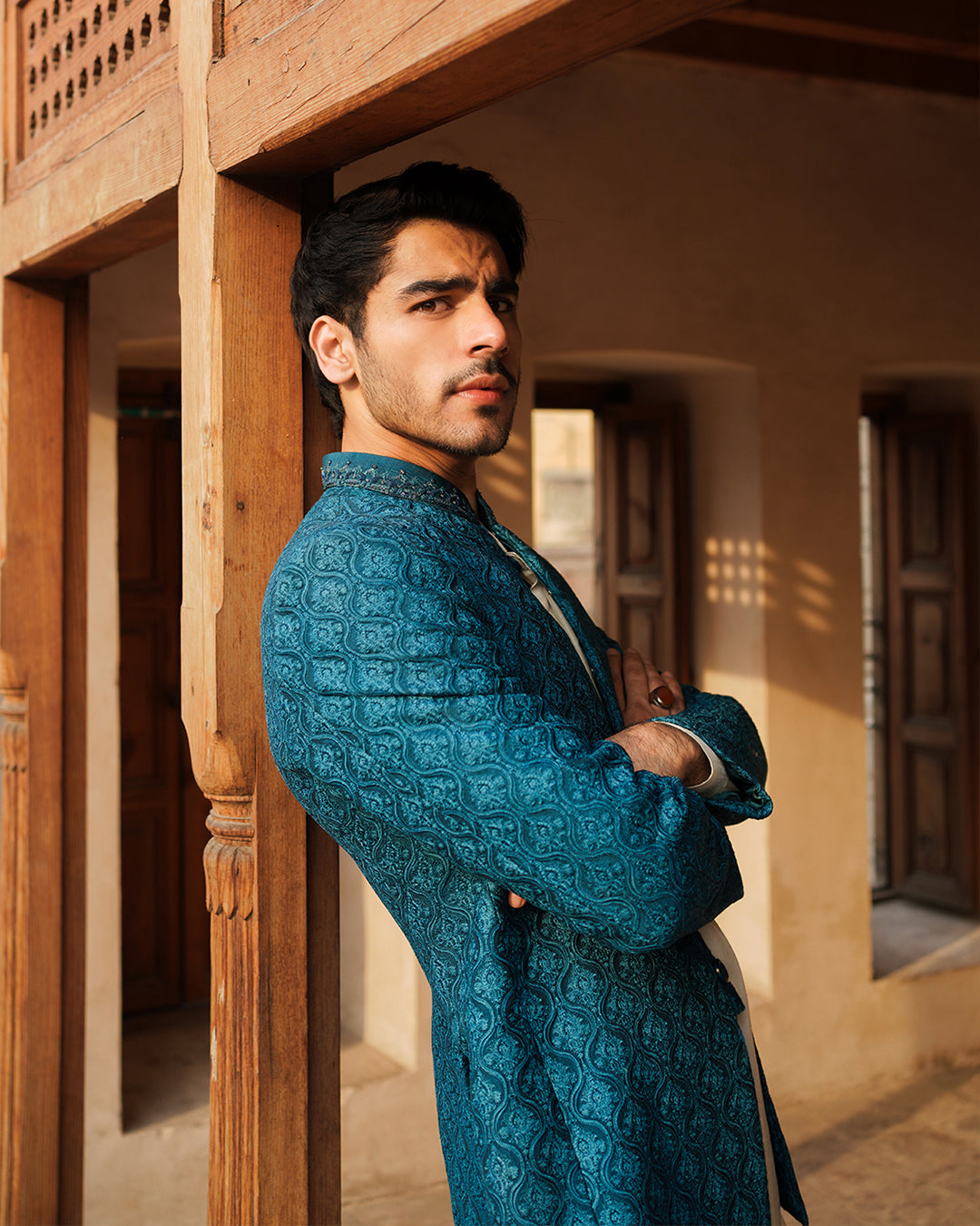 Teal Embroidered Korean Raw Silk Prince Coat (3-Piece) - Image 2