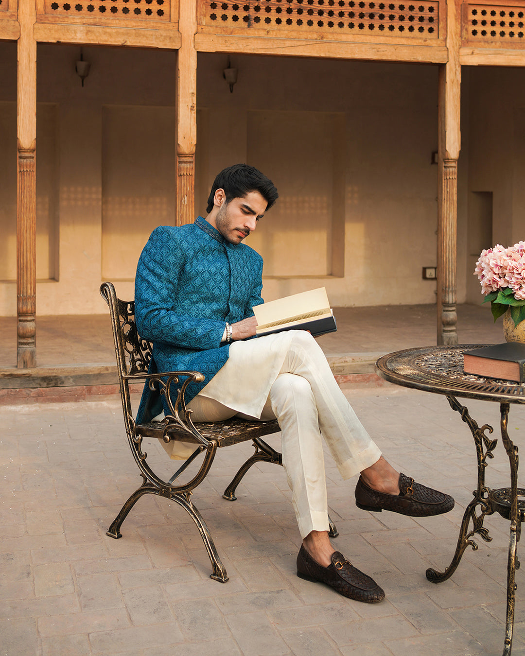 Teal Embroidered Korean Raw Silk Prince Coat (3-Piece) - Image 3