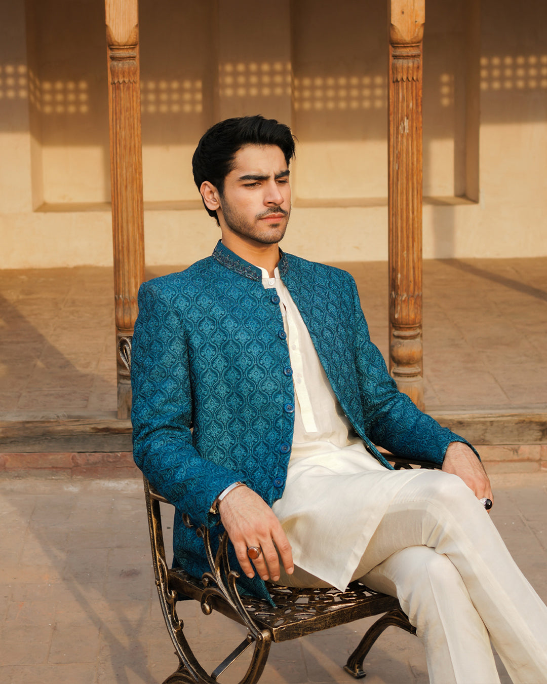 Teal Embroidered Korean Raw Silk Prince Coat (3-Piece) - Image 4