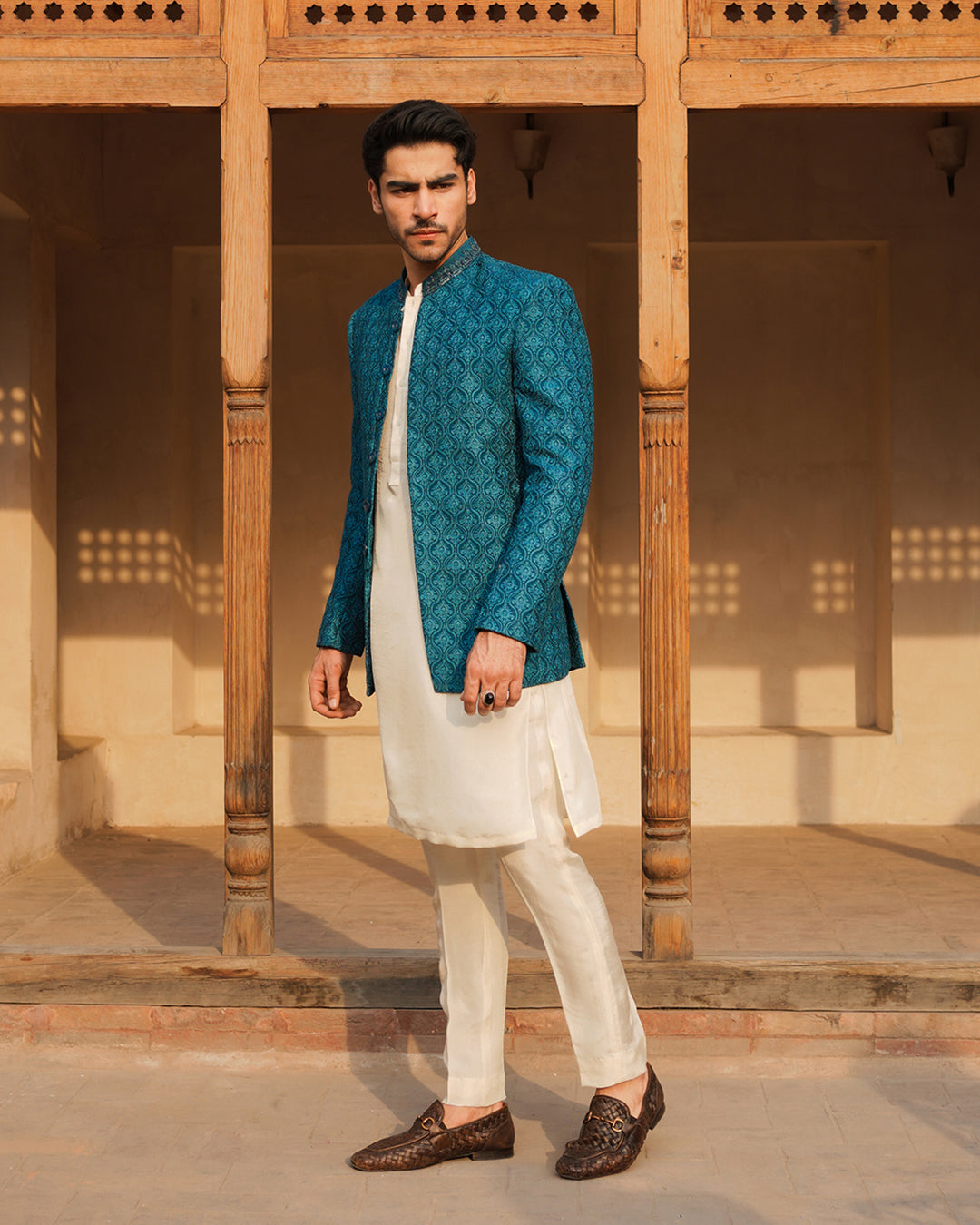 Teal Embroidered Korean Raw Silk Prince Coat (3-Piece) - Image 5