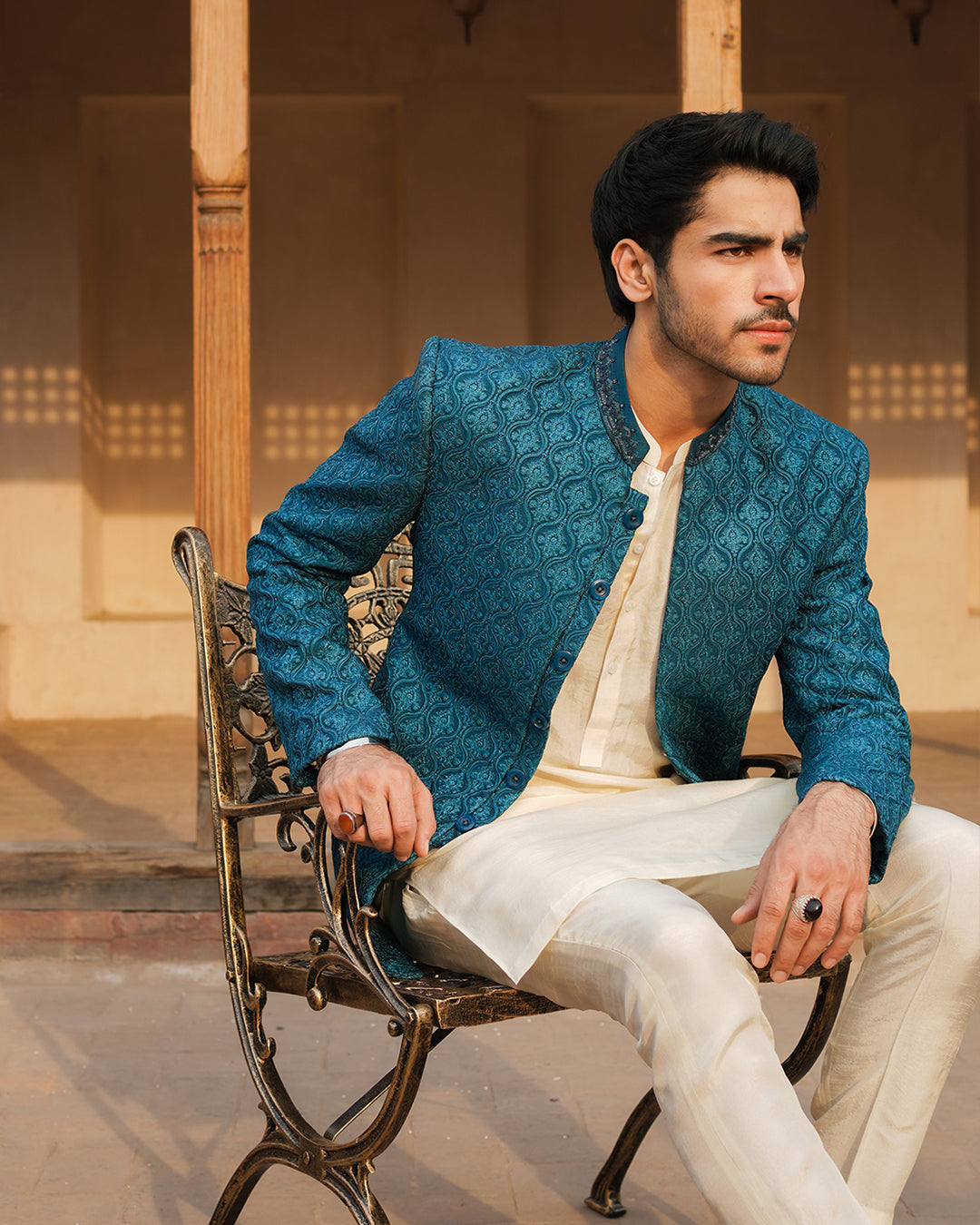 Teal Embroidered Korean Raw Silk Prince Coat (3-Piece) - Image 6