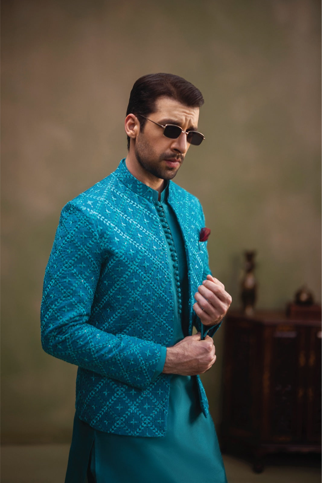 Teal Blue Sequin Embroidered Silk-Blend Prince Coat (3-Piece) - Image 2