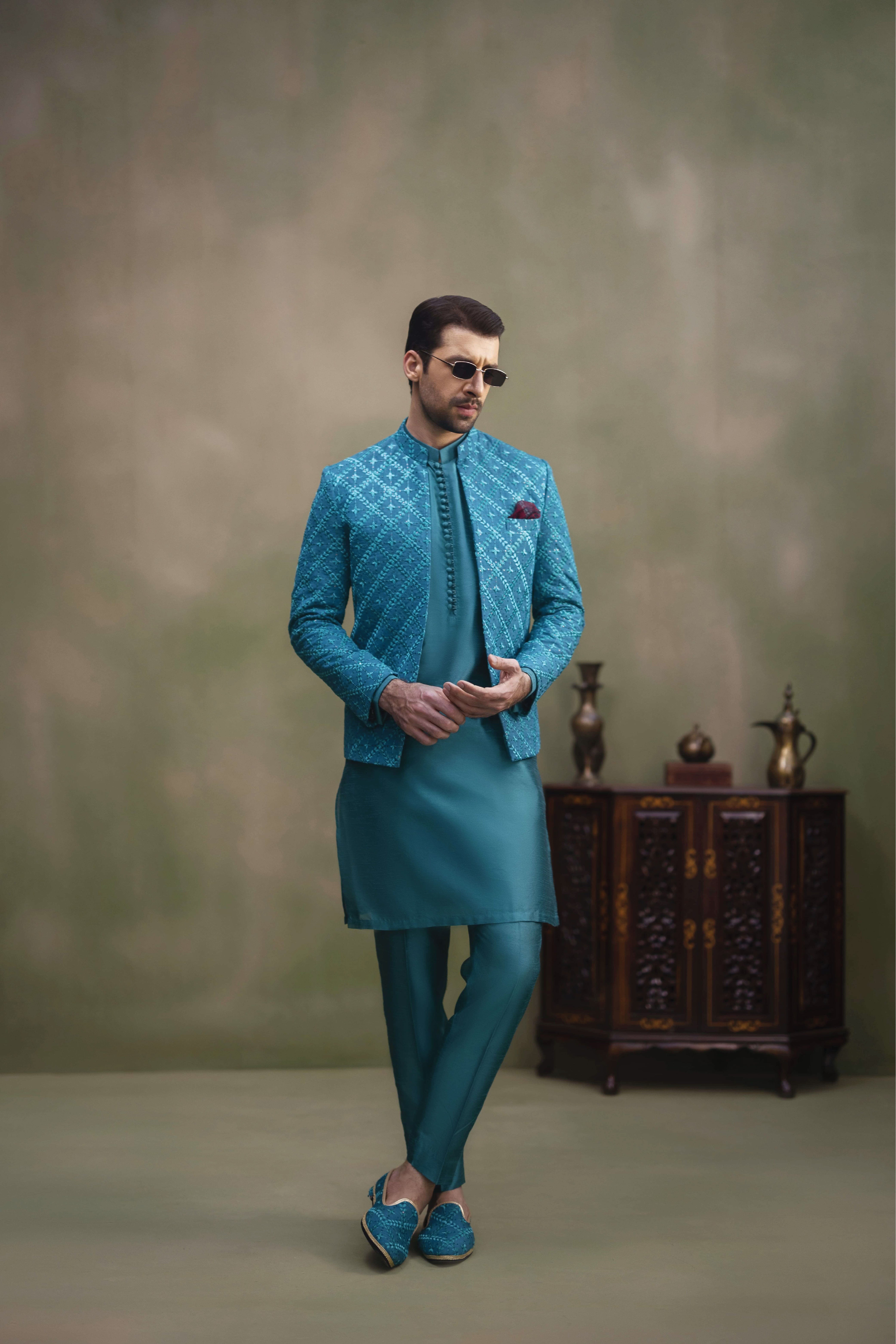 Teal Blue Sequin Embroidered Silk-Blend Prince Coat (3-Piece) - Image 3