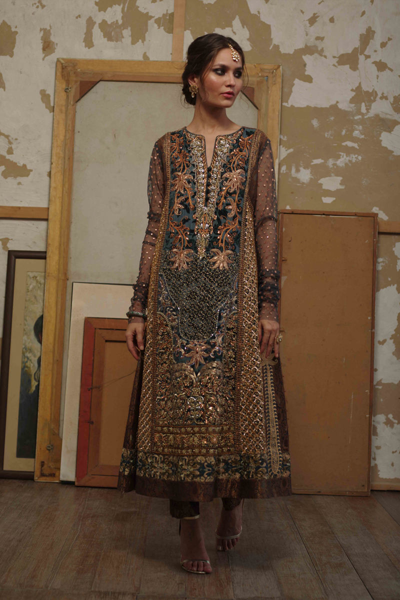 Pakistani Multicolour Zardozi Palachi & Brocade Salwar Kameez (2-Piece) - Image 1