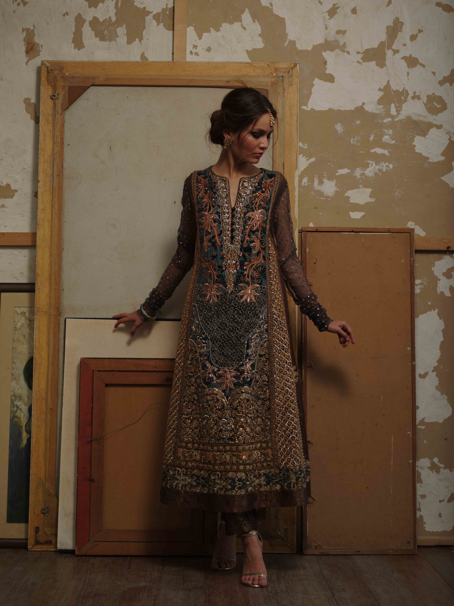Pakistani Multicolour Zardozi Palachi & Brocade Salwar Kameez (2-Piece) - Image 3