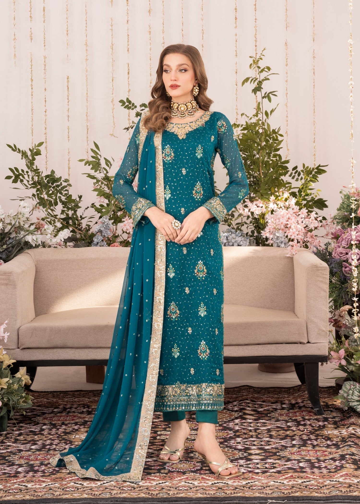 Pakistani Teal Embroidered Chiffon Kurta Set (3-Piece) - Image 1