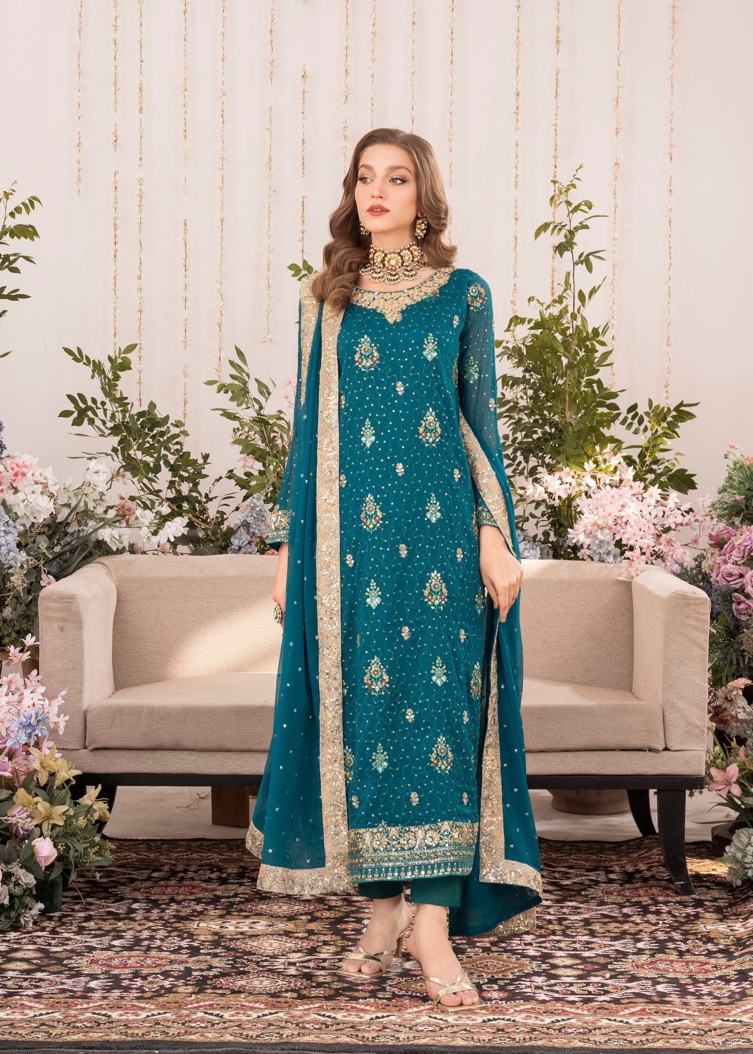 Pakistani Teal Embroidered Chiffon Kurta Set (3-Piece) - Image 2