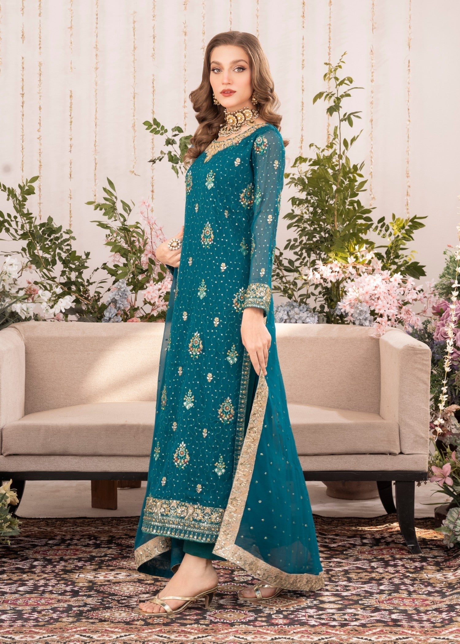 Pakistani Teal Embroidered Chiffon Kurta Set (3-Piece) - Image 3