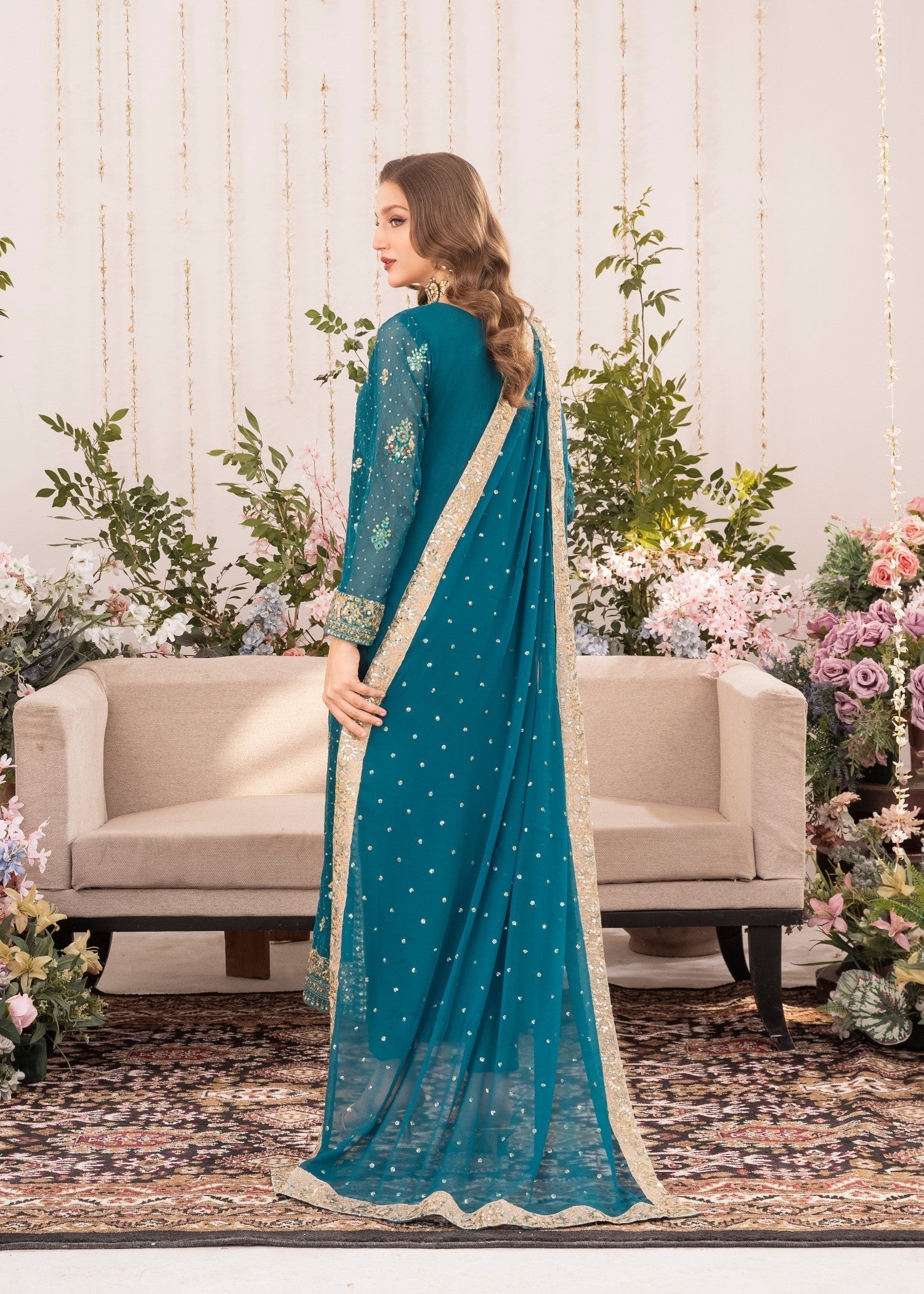 Pakistani Teal Embroidered Chiffon Kurta Set (3-Piece) - Image 4