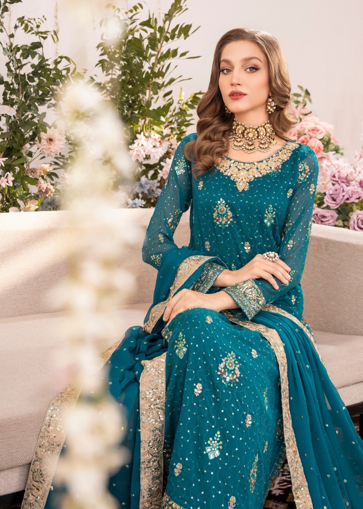 Pakistani Teal Embroidered Chiffon Kurta Set (3-Piece) - Image 6