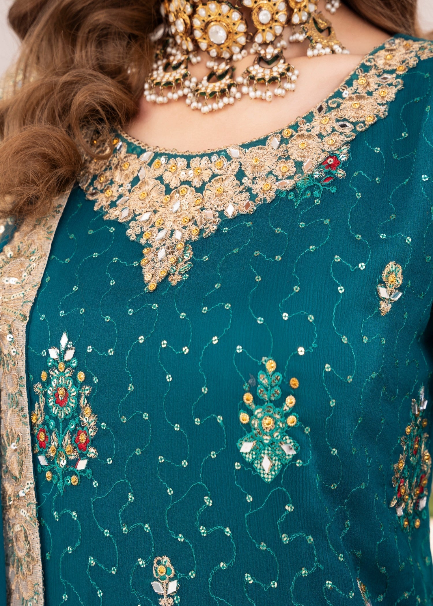 Pakistani Teal Embroidered Chiffon Kurta Set (3-Piece) - Image 7