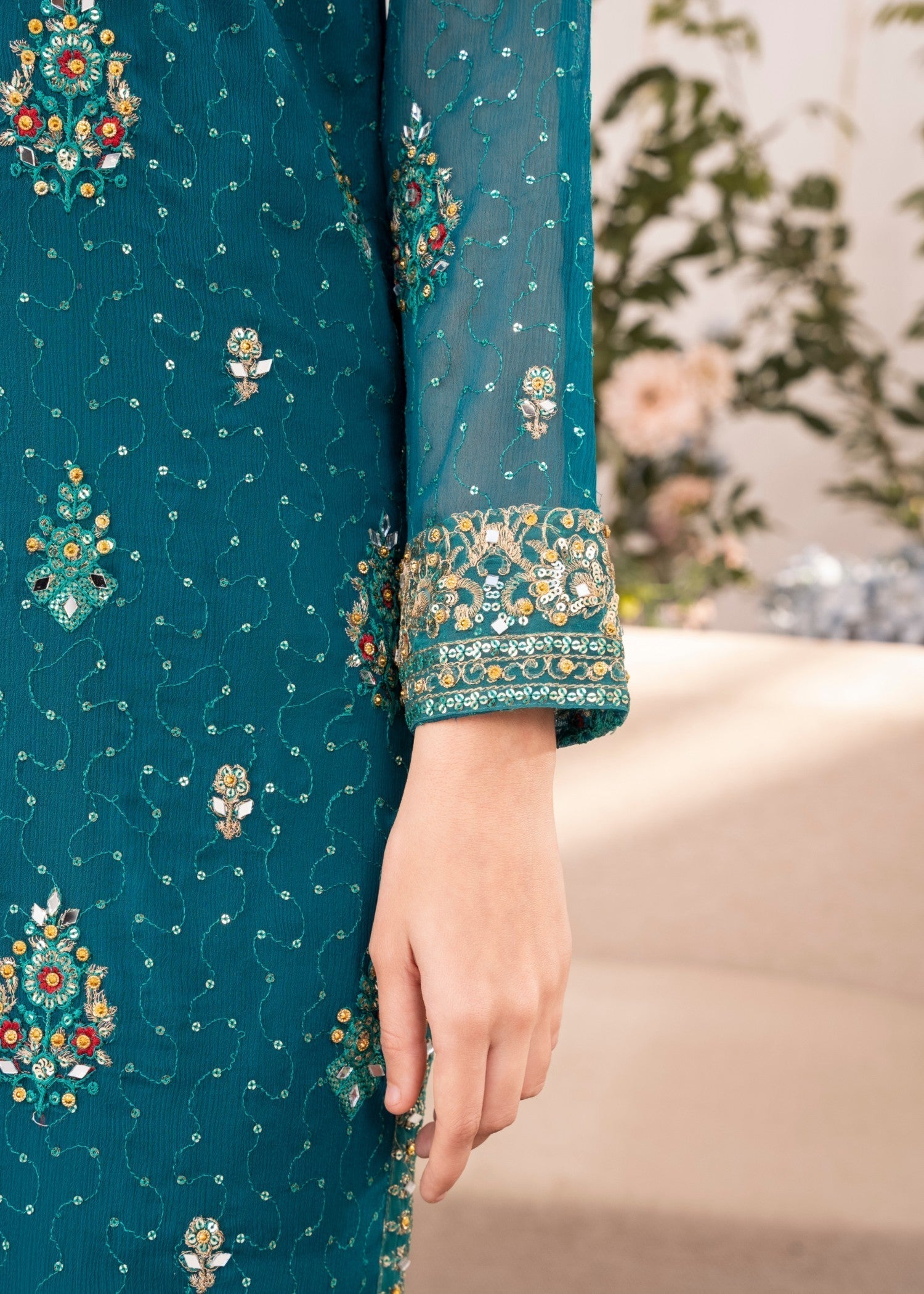 Pakistani Teal Embroidered Chiffon Kurta Set (3-Piece) - Image 8