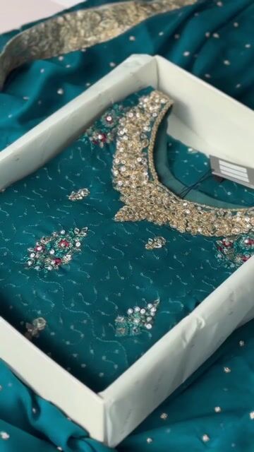 Pakistani Teal Embroidered Chiffon Kurta Set (3-Piece) - Image 9
