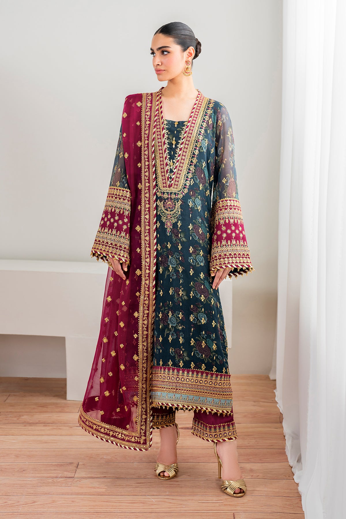 Pakistani Deep Teal & Maroon Embroidered Chiffon Suit (3-Piece) - Image 1