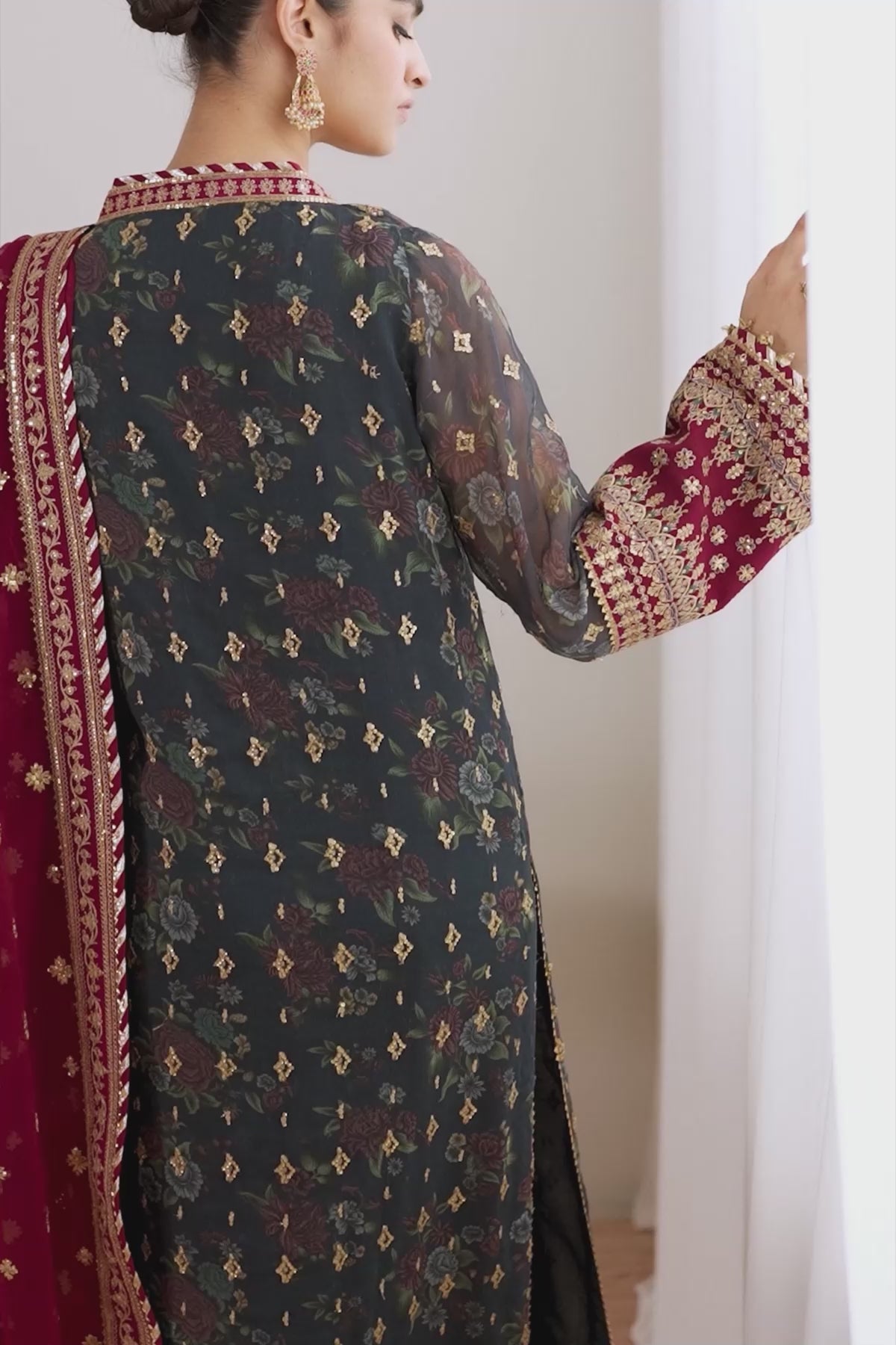 Pakistani Deep Teal & Maroon Embroidered Chiffon Suit (3-Piece) - Image 4