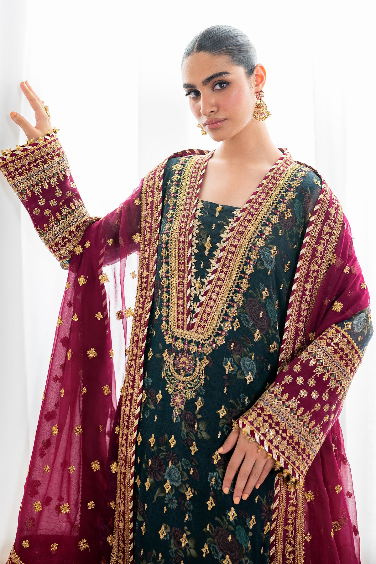 Pakistani Deep Teal & Maroon Embroidered Chiffon Suit (3-Piece) - Image 7