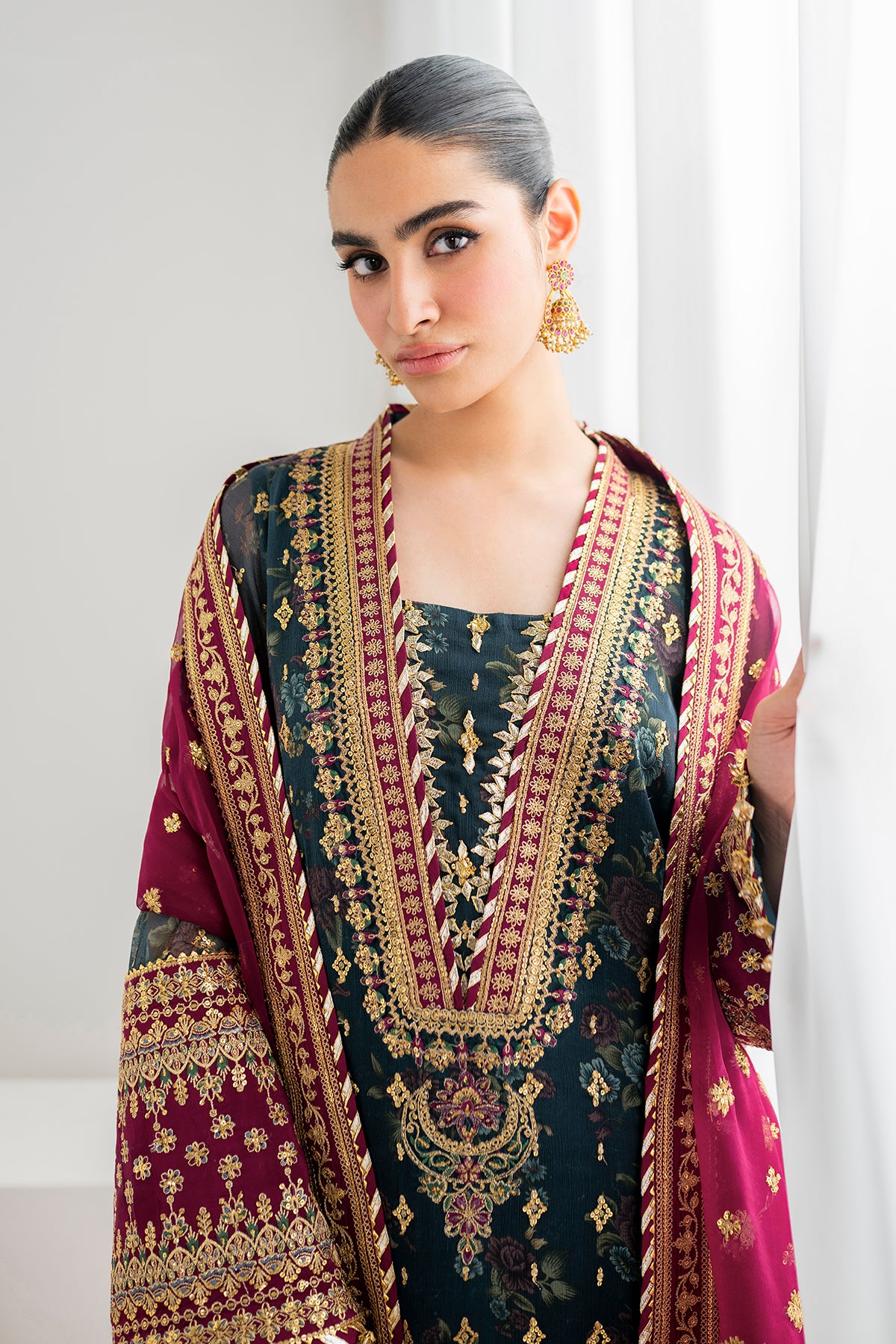 Pakistani Deep Teal & Maroon Embroidered Chiffon Suit (3-Piece) - Image 8