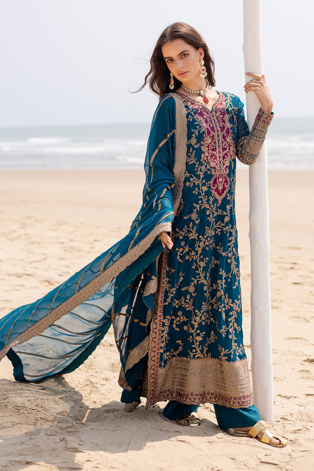 Pakistani Teal Blue Embroidered Chiffon & Grip Salwar Kameez (3-Piece) - Image 1