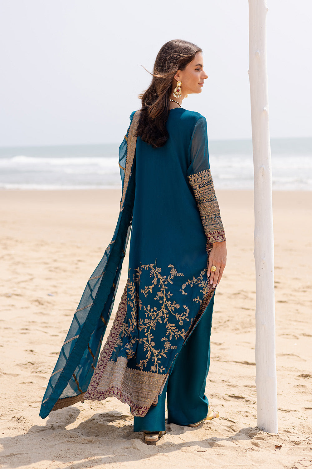 Pakistani Teal Blue Embroidered Chiffon & Grip Salwar Kameez (3-Piece) - Image 3