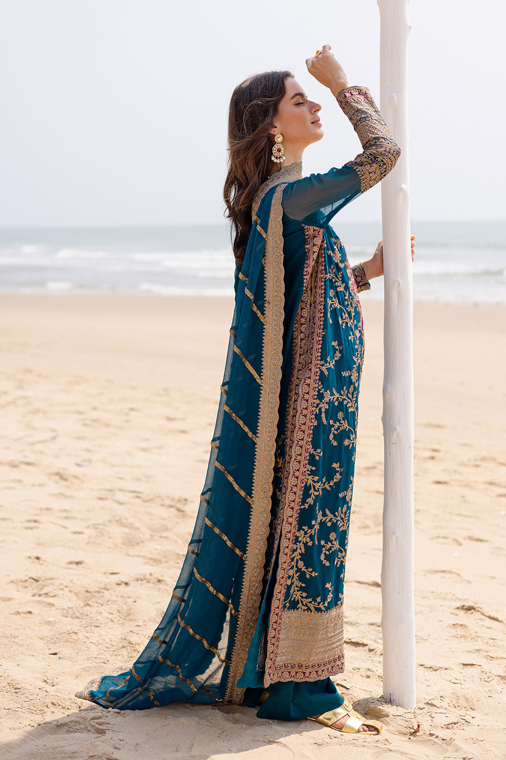 Pakistani Teal Blue Embroidered Chiffon & Grip Salwar Kameez (3-Piece) - Image 4