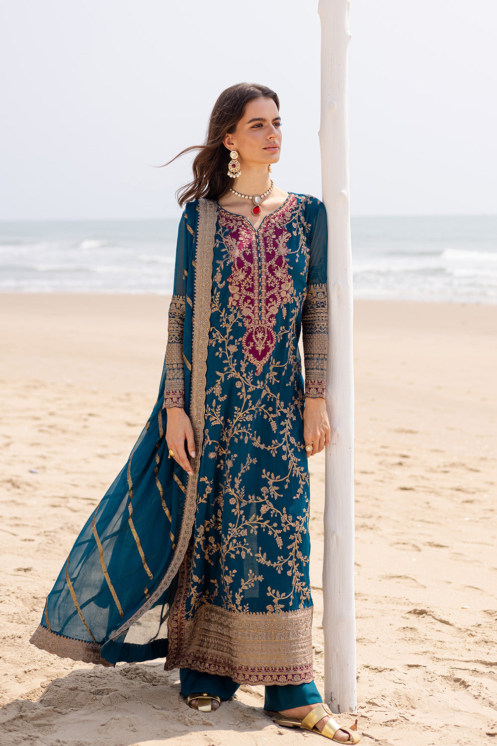 Pakistani Teal Blue Embroidered Chiffon & Grip Salwar Kameez (3-Piece) - Image 5