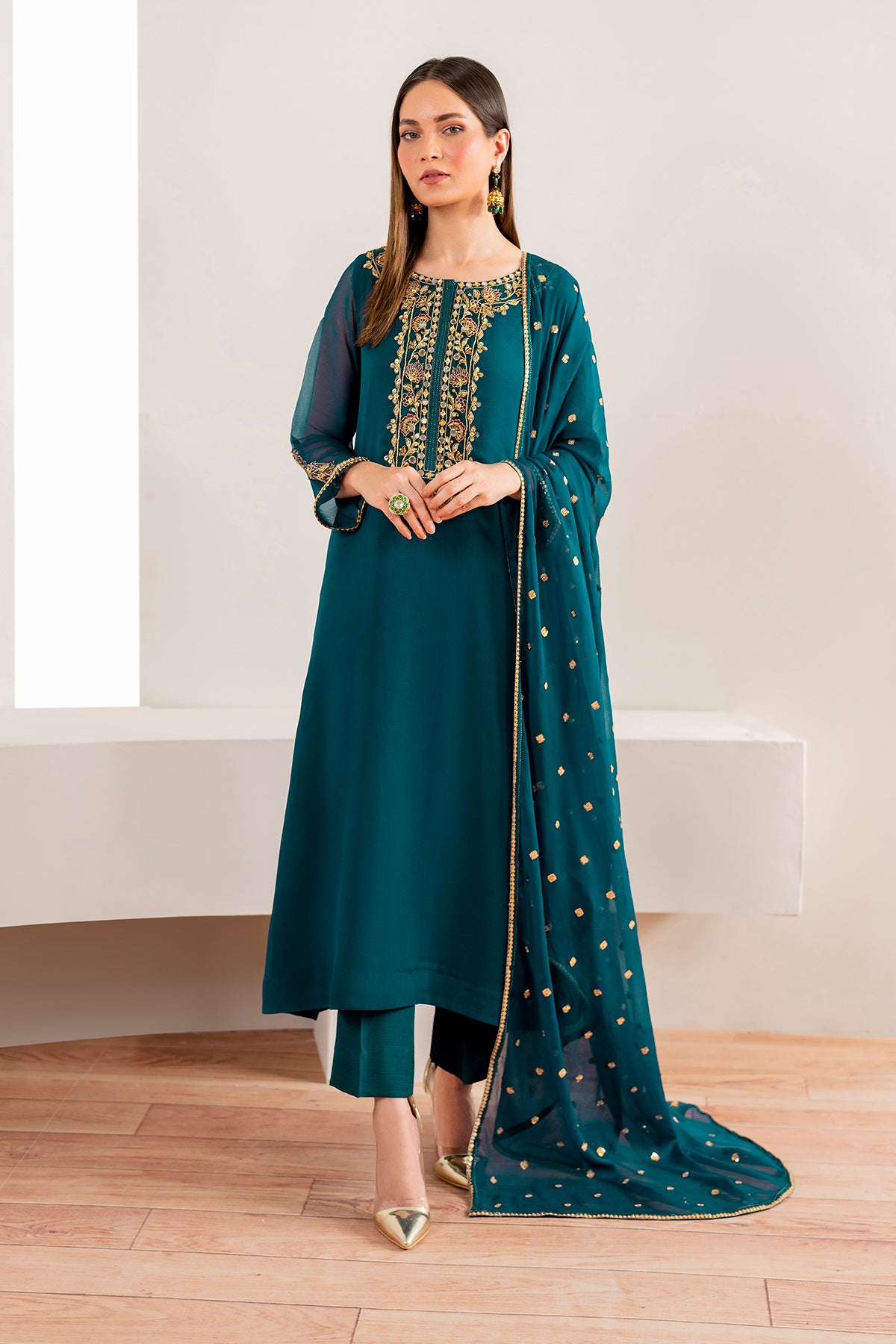 Teal Hand-Embellished Chiffon Salwar Kameez (3-Piece) - Image 1