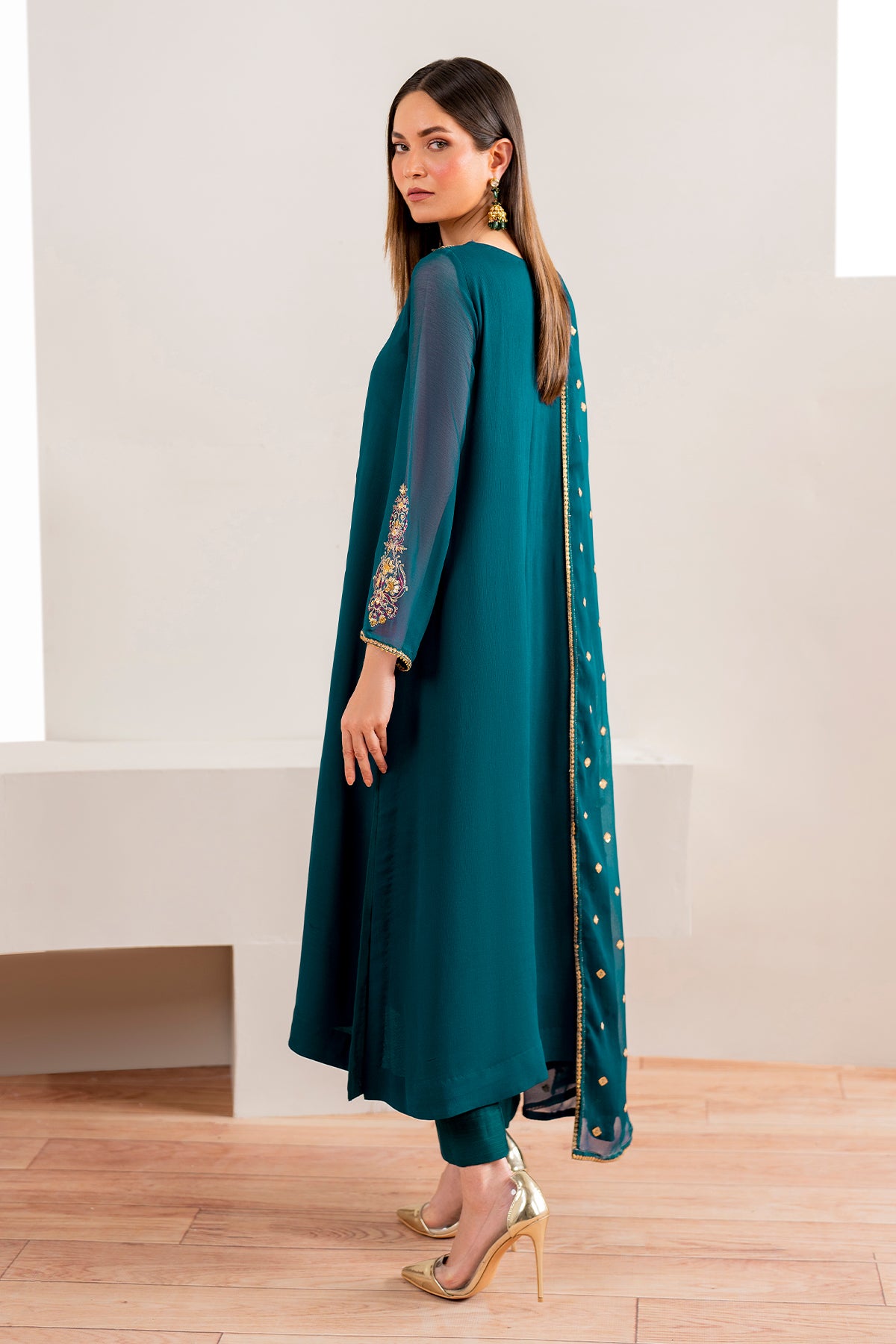 Teal Hand-Embellished Chiffon Salwar Kameez (3-Piece) - Image 2