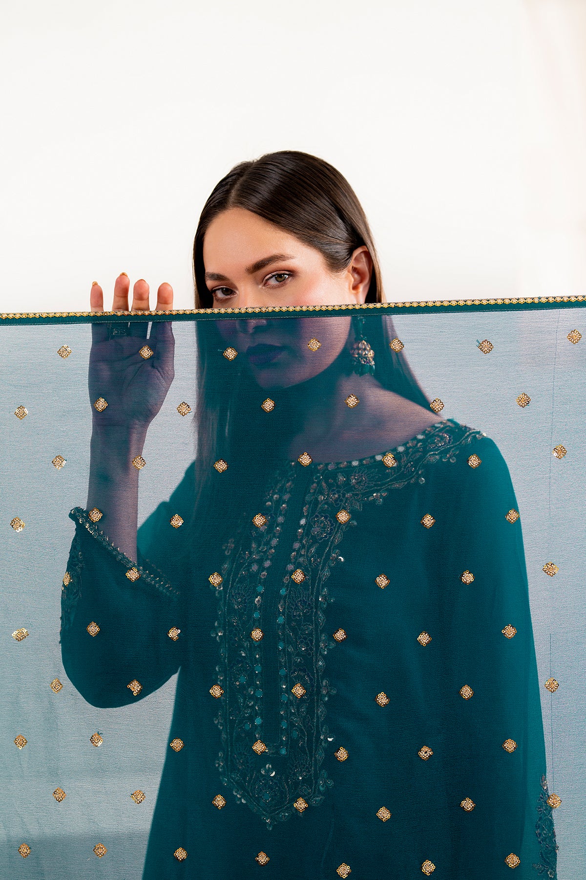 Teal Hand-Embellished Chiffon Salwar Kameez (3-Piece) - Image 3