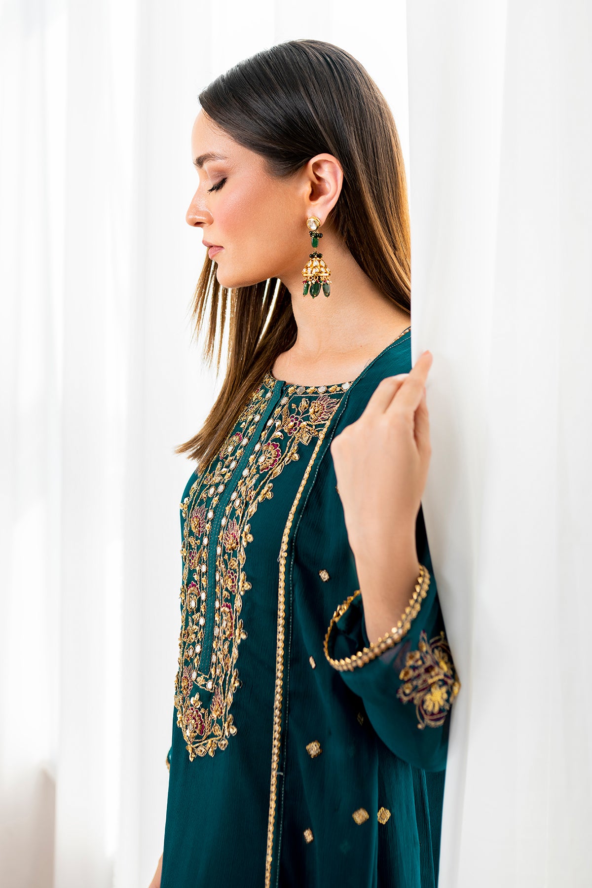 Teal Hand-Embellished Chiffon Salwar Kameez (3-Piece) - Image 4