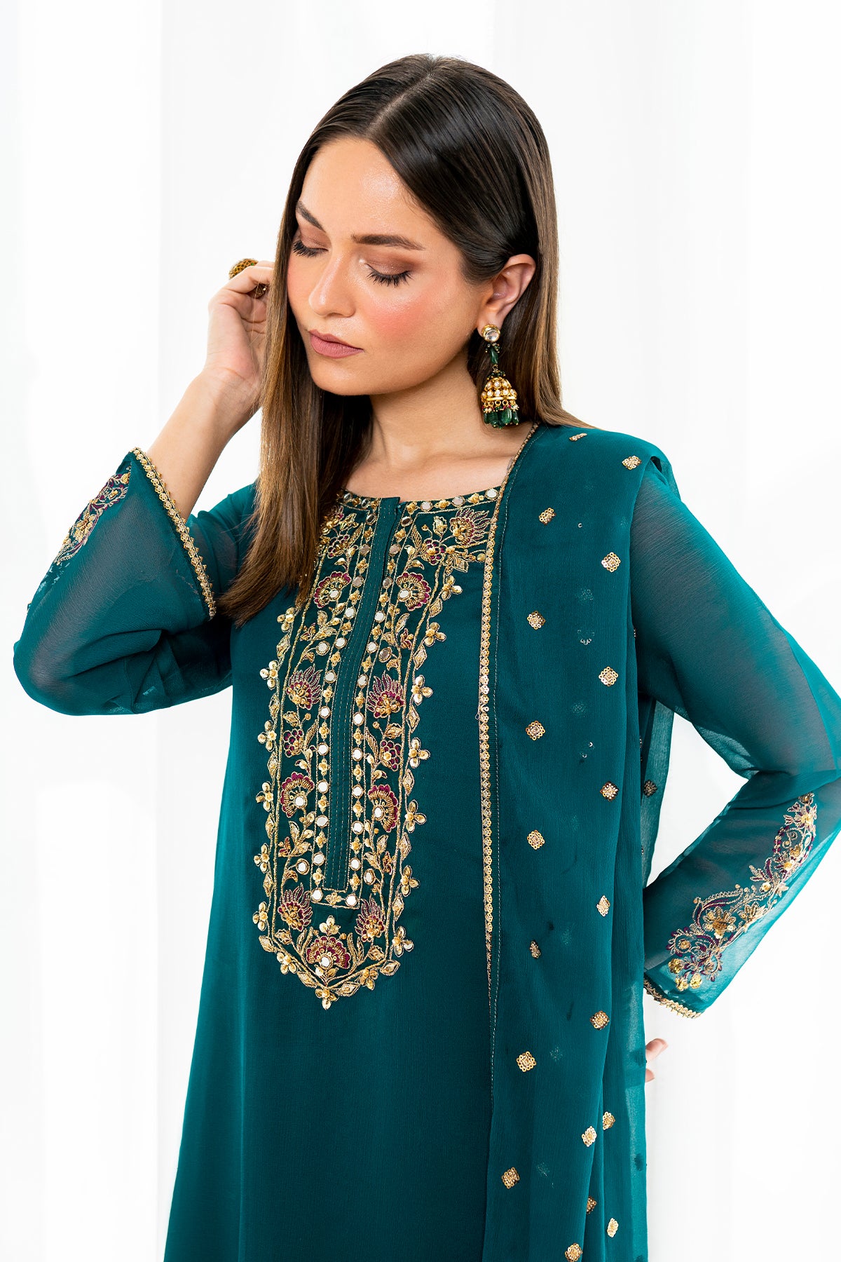 Teal Hand-Embellished Chiffon Salwar Kameez (3-Piece) - Image 5