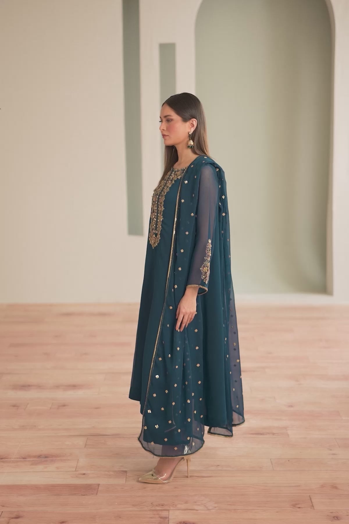 Teal Hand-Embellished Chiffon Salwar Kameez (3-Piece) - Image 6