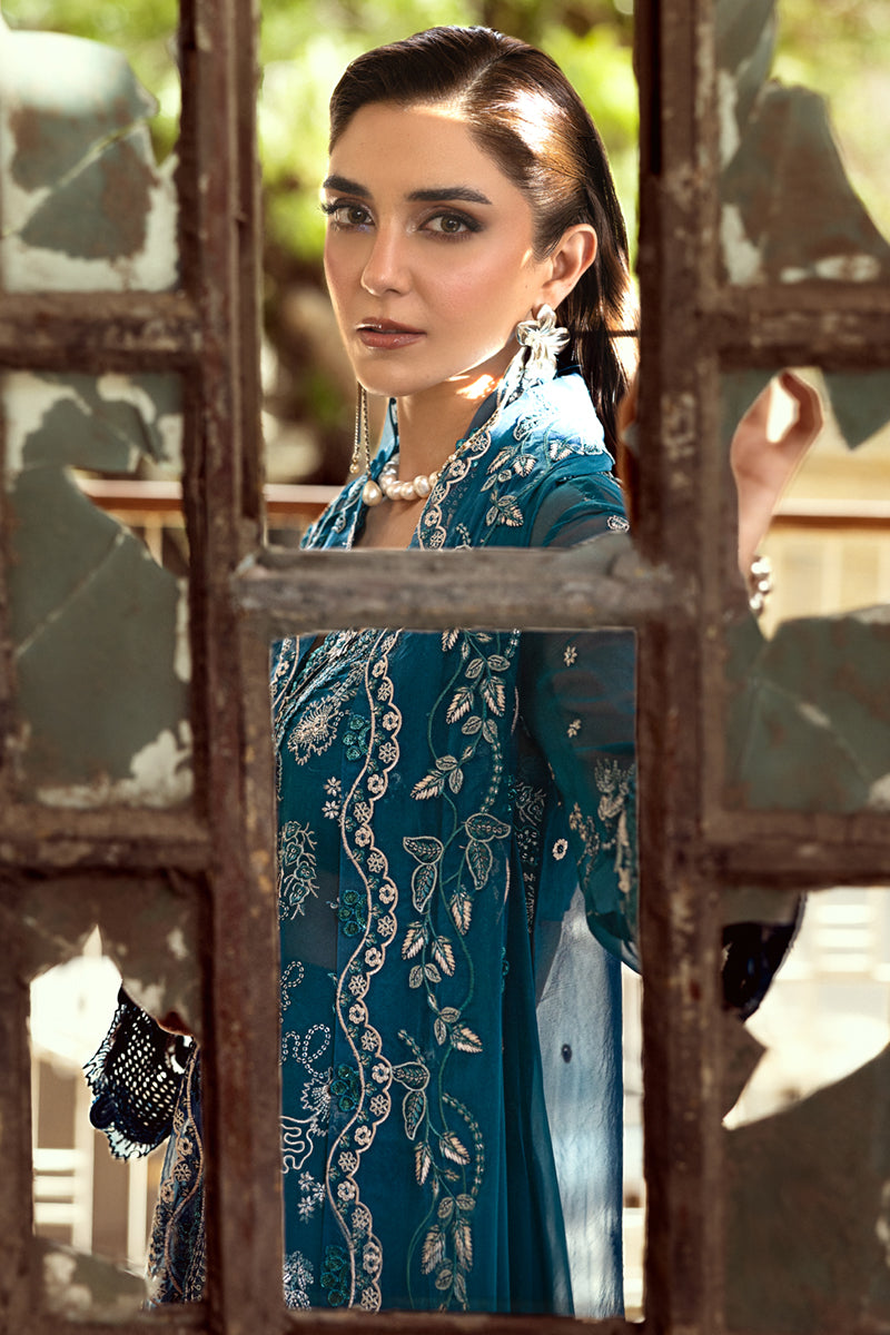 Teal Embroidered Chiffon Salwar Kameez (3-Piece) - Image 10