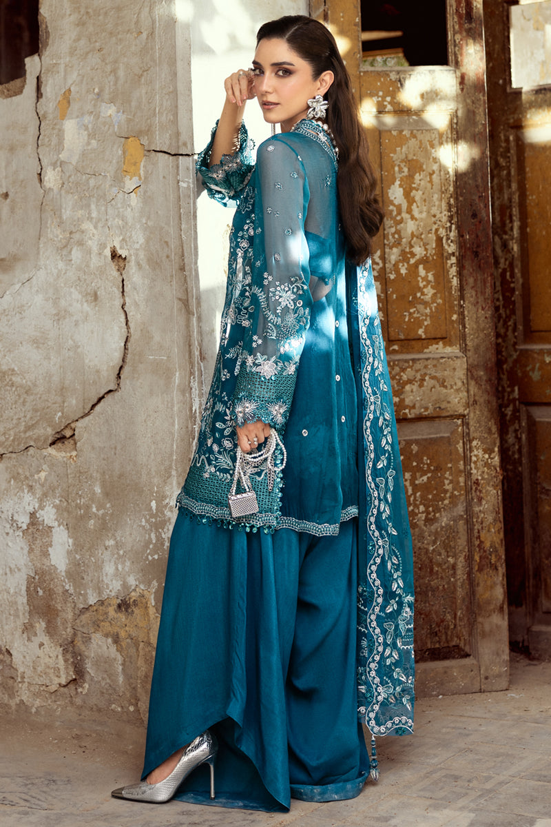 Teal Embroidered Chiffon Salwar Kameez (3-Piece) - Image 3