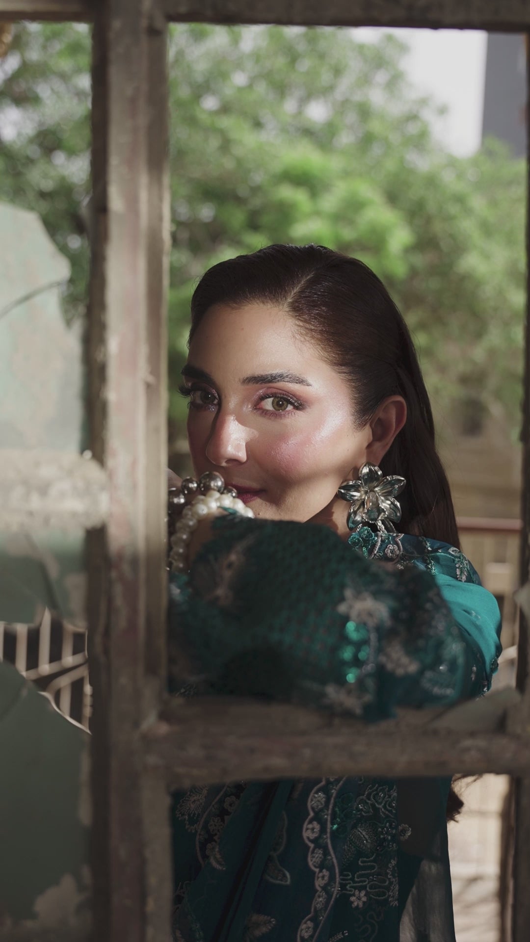 Teal Embroidered Chiffon Salwar Kameez (3-Piece) - Image 4