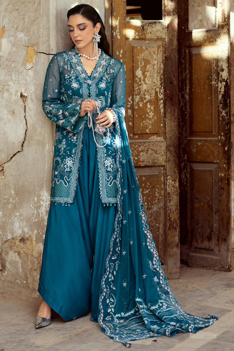 Teal Embroidered Chiffon Salwar Kameez (3-Piece) - Image 5