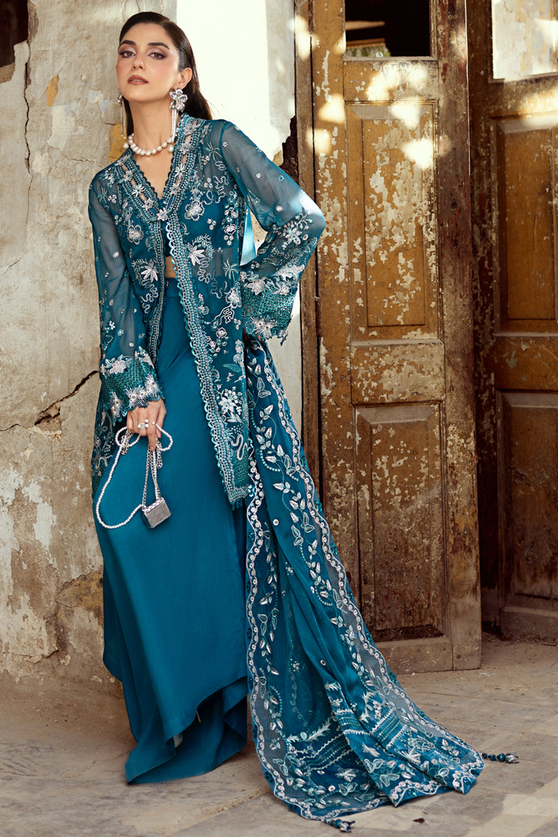 Teal Embroidered Chiffon Salwar Kameez (3-Piece) - Image 6