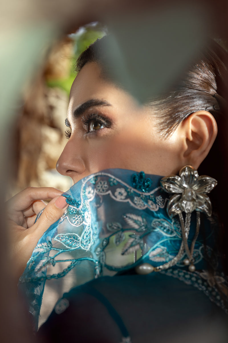 Teal Embroidered Chiffon Salwar Kameez (3-Piece) - Image 7