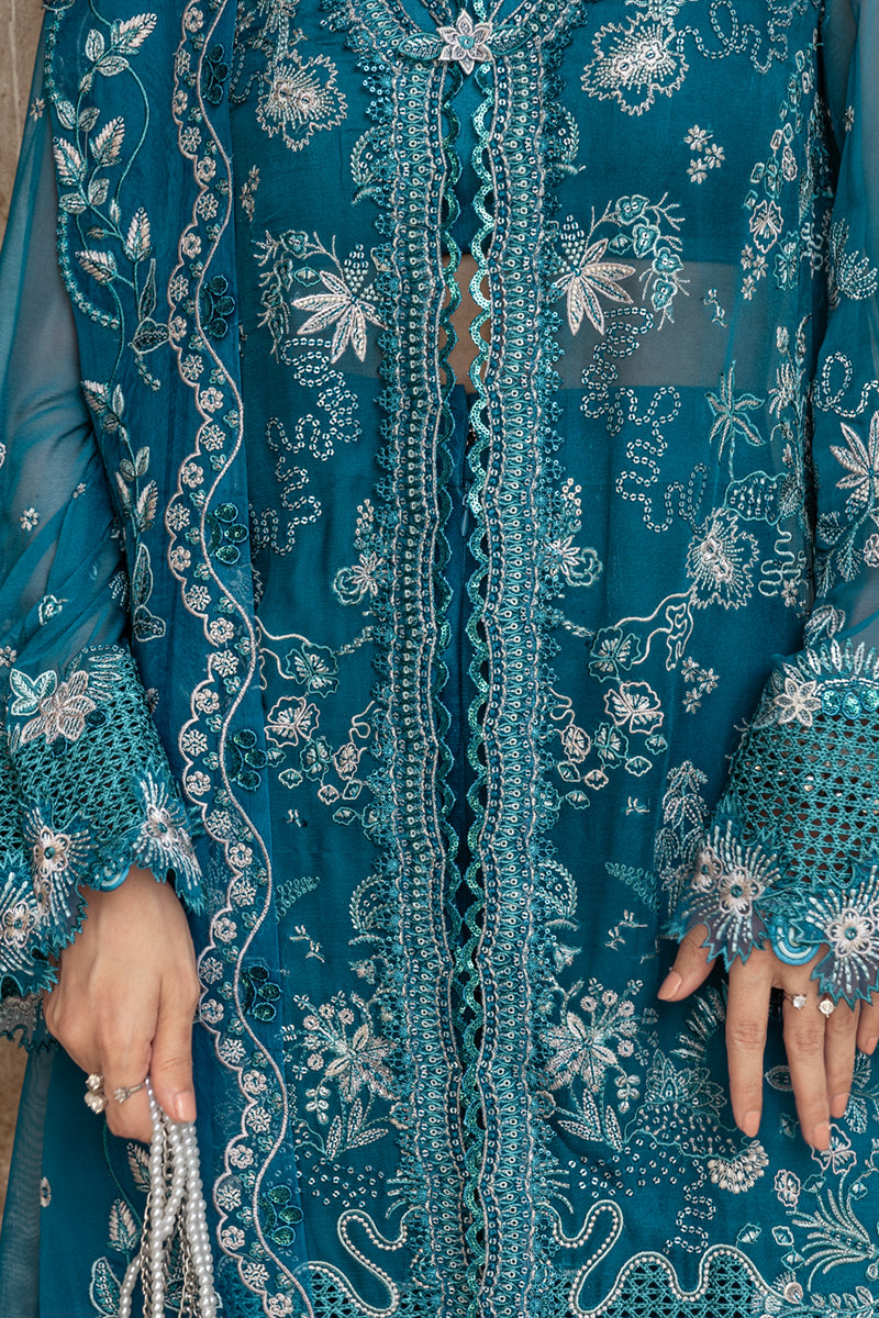 Teal Embroidered Chiffon Salwar Kameez (3-Piece) - Image 8
