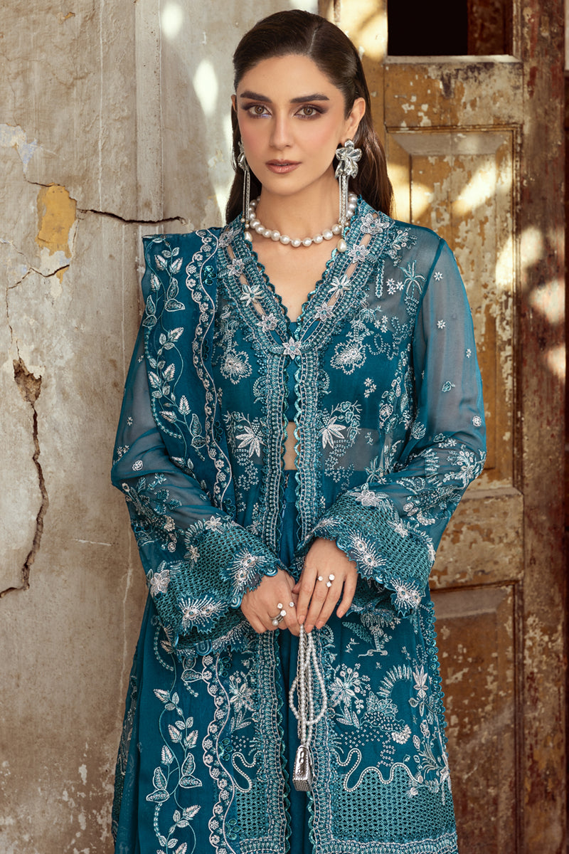 Teal Embroidered Chiffon Salwar Kameez (3-Piece) - Image 9