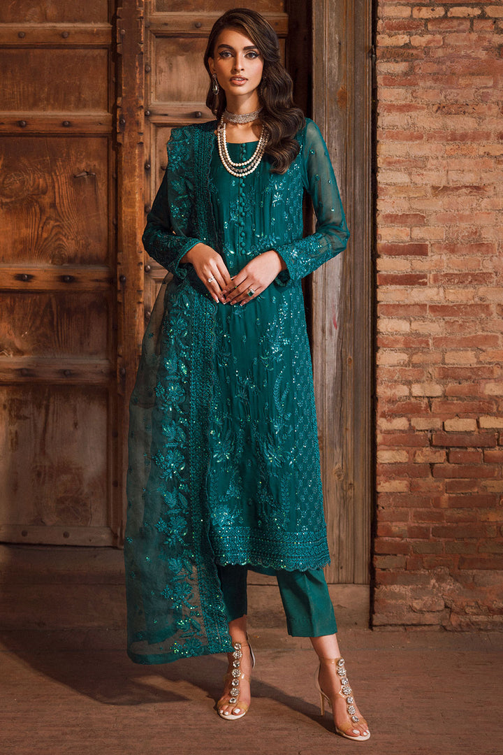 Pakistani Teal Embroidered Crinkle Chiffon Salwar Kameez (3-Piece) - Image 1